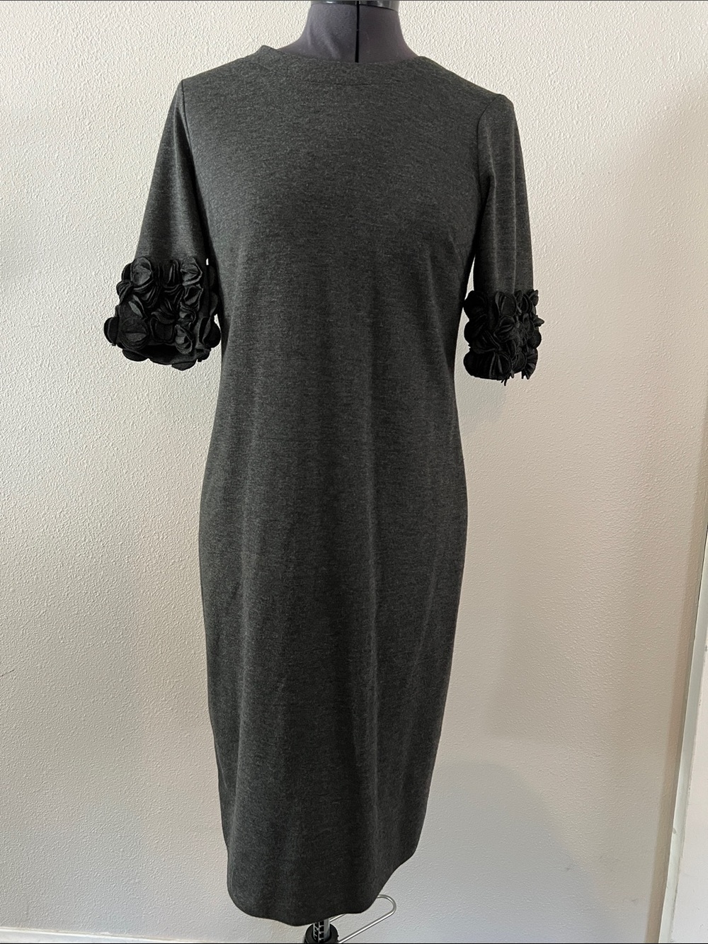 Just...Taylor Charcoal Midi Dress with Rosette Sleeve Accents